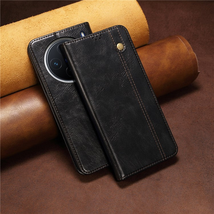 For vivo X200 Pro mini 5G Case Crazy Horse Texture Waxy Leather Wallet Stand Phone Cover - Black