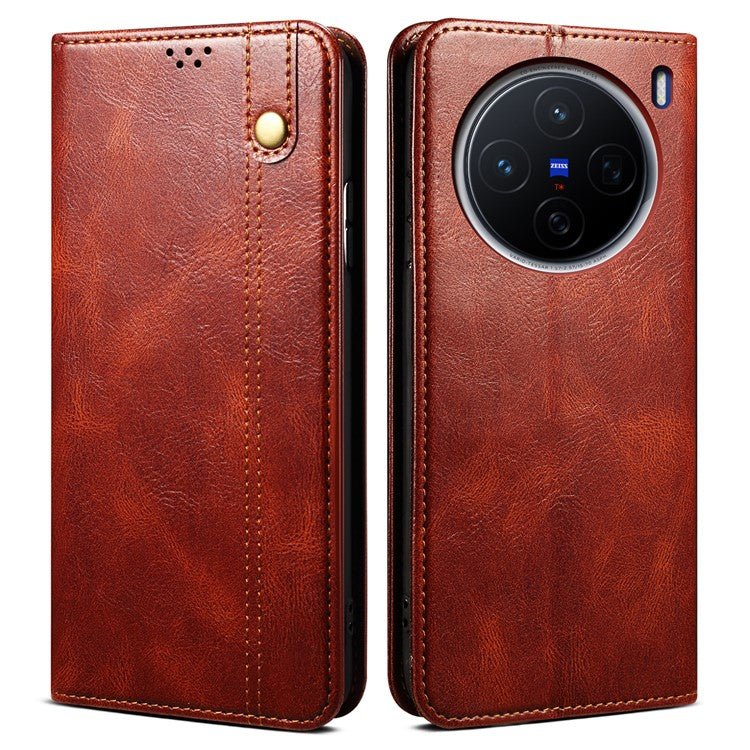 For vivo X200 Pro mini 5G Case Crazy Horse Texture Waxy Leather Wallet Stand Phone Cover - Brown