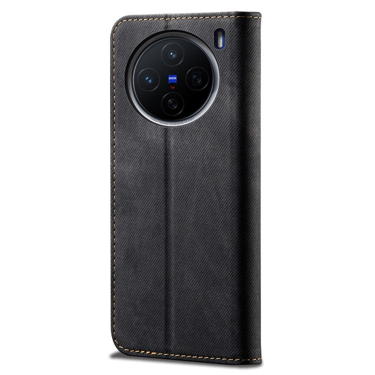 For vivo X200 Pro mini 5G Case Jeans Cloth Texture Anti-Scratch Leather Stand Phone Cover - Black