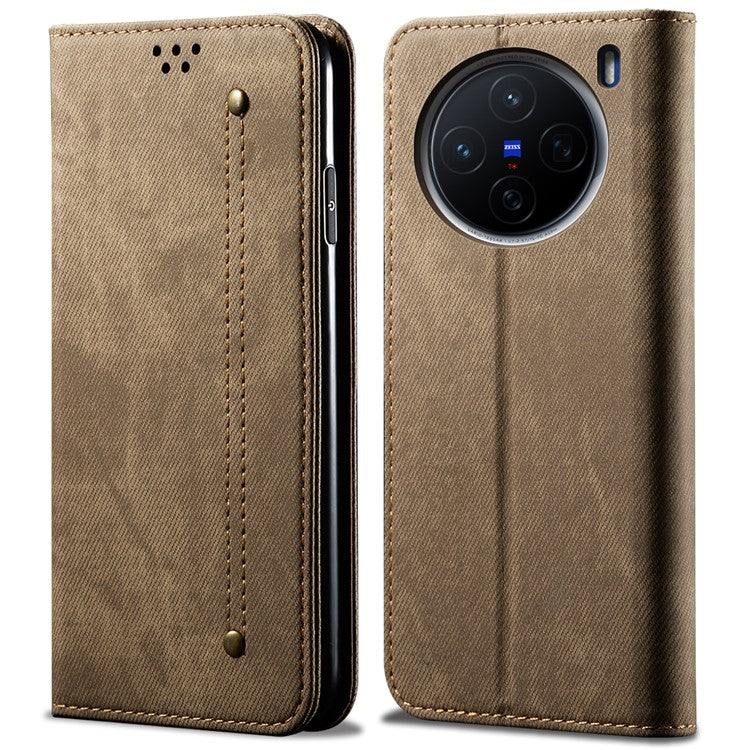 For vivo X200 Pro mini 5G Case Jeans Cloth Texture Anti-Scratch Leather Stand Phone Cover - Khaki