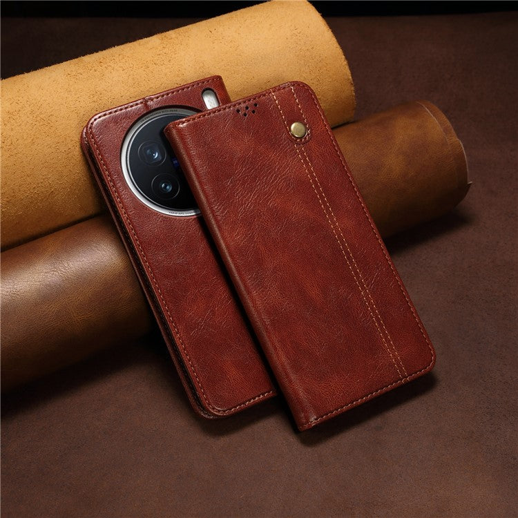 For vivo X200 Pro 5G Case Crazy Horse Texture Waxy Leather Wallet Stand Phone Cover - Brown