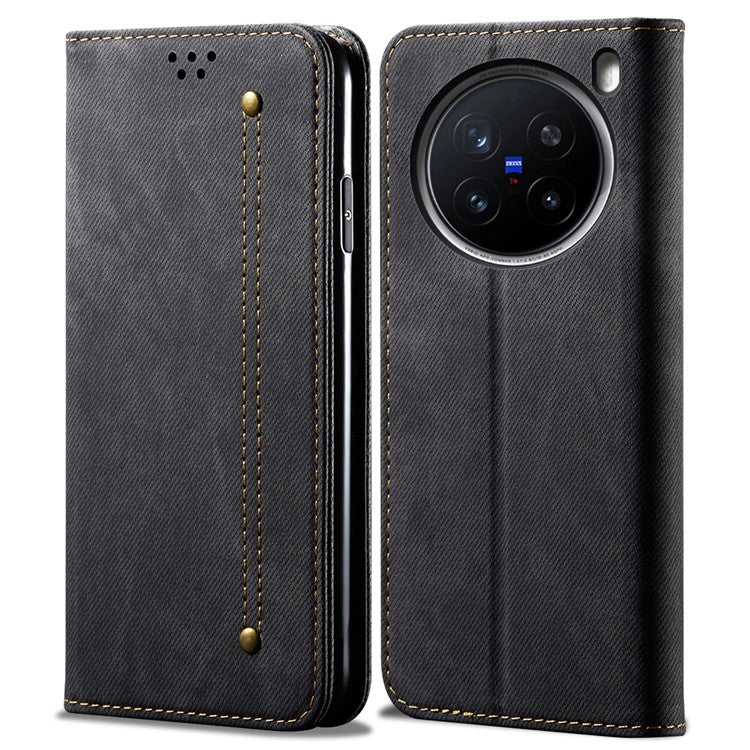 For vivo X200 Pro 5G Case Jeans Cloth Texture Anti-Scratch Leather Stand Phone Cover - Black