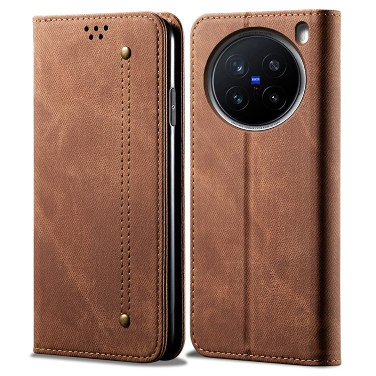 For vivo X200 Pro 5G Case Jeans Cloth Texture Anti-Scratch Leather Stand Phone Cover - Coffee