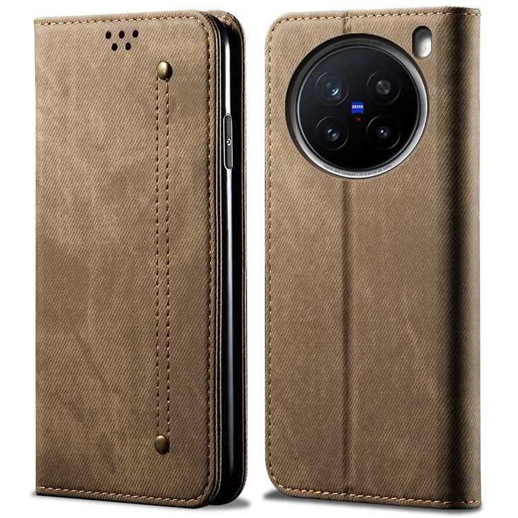 For vivo X200 Pro 5G Case Jeans Cloth Texture Anti-Scratch Leather Stand Phone Cover - Khaki