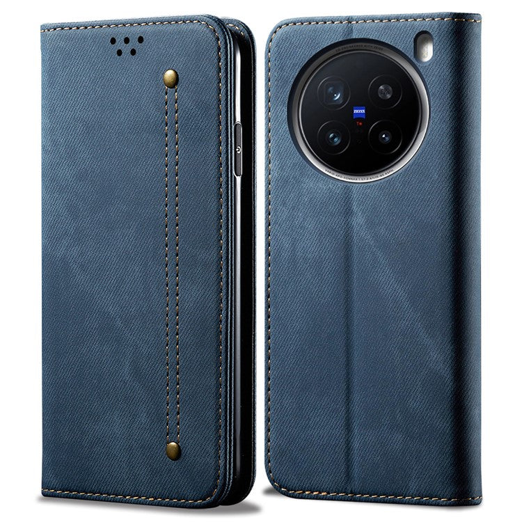 For vivo X200 Pro 5G Case Jeans Cloth Texture Anti-Scratch Leather Stand Phone Cover - Blue