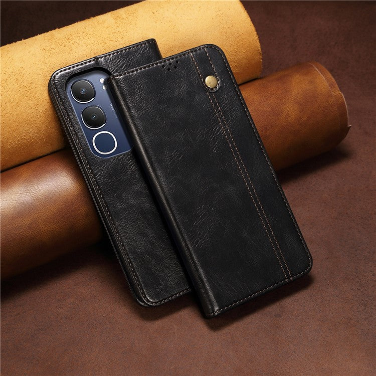 For vivo Y19s 4G Case Crazy Horse Texture Waxy Leather Wallet Stand Phone Cover - Black