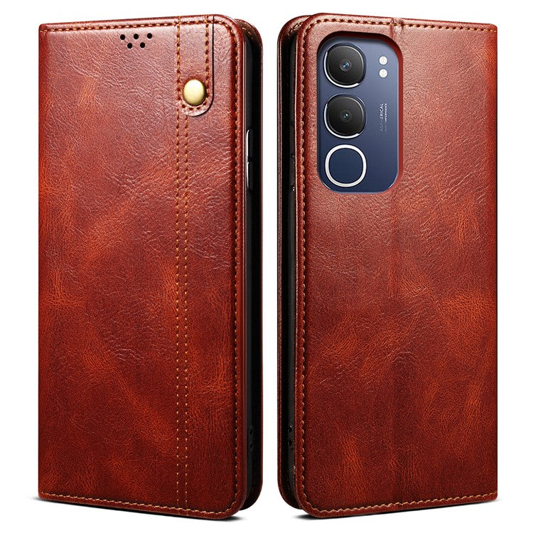 For vivo Y19s 4G Case Crazy Horse Texture Waxy Leather Wallet Stand Phone Cover - Brown