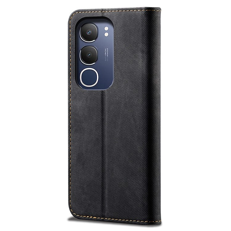 For vivo Y19s 4G Case Jeans Cloth Texture Anti-Scratch Leather Stand Phone Cover - Black