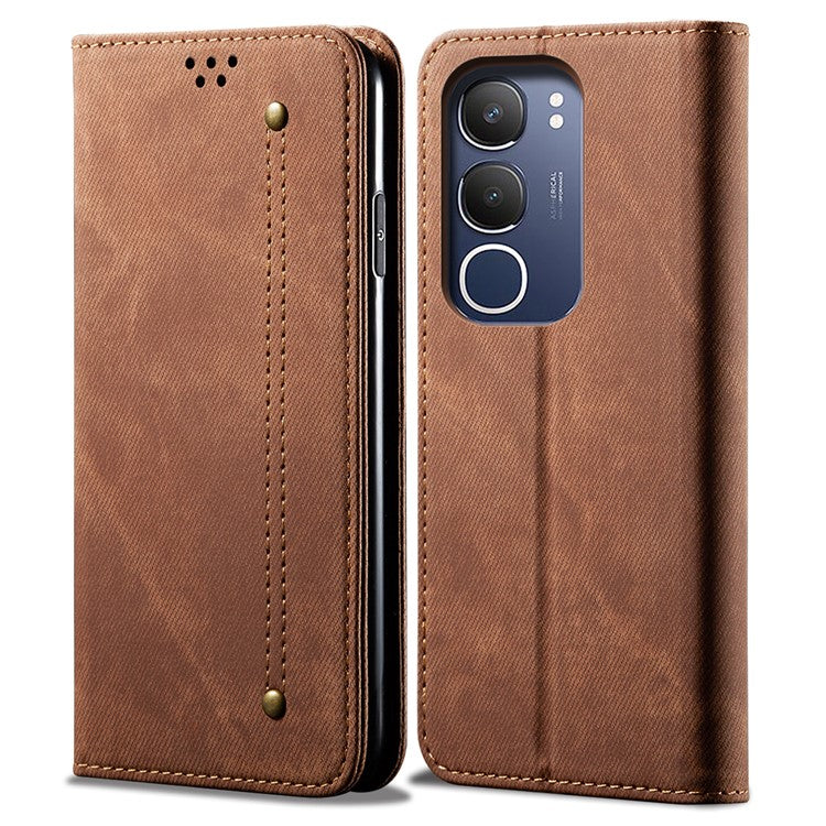 For vivo Y19s 4G Case Jeans Cloth Texture Anti-Scratch Leather Stand Phone Cover - Coffee