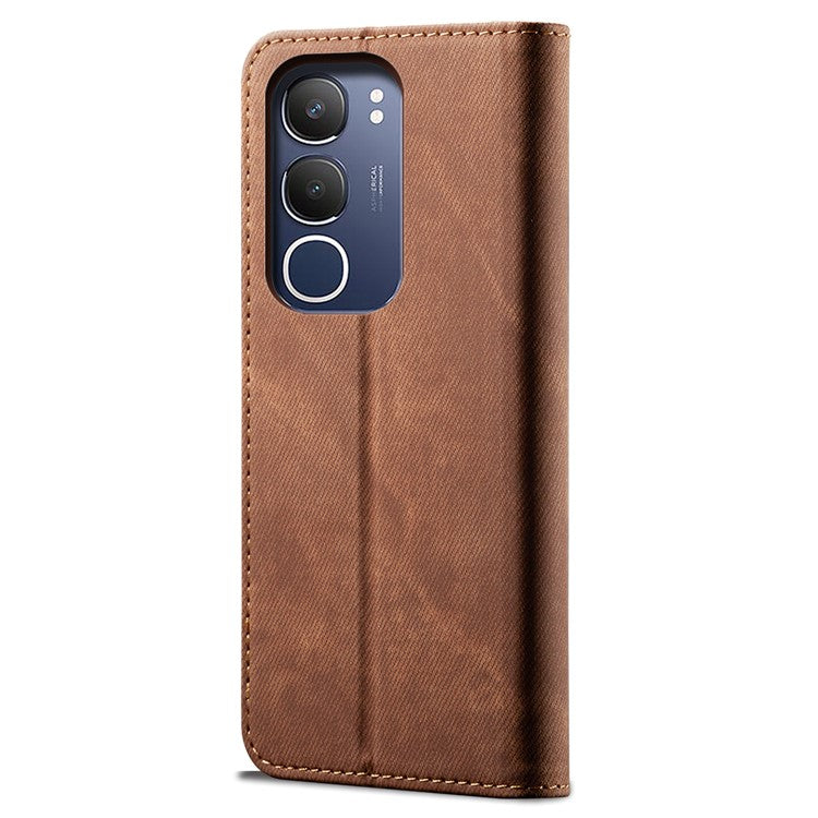 For vivo Y19s 4G Case Jeans Cloth Texture Anti-Scratch Leather Stand Phone Cover - Coffee