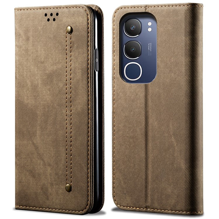 For vivo Y19s 4G Case Jeans Cloth Texture Anti-Scratch Leather Stand Phone Cover - Khaki