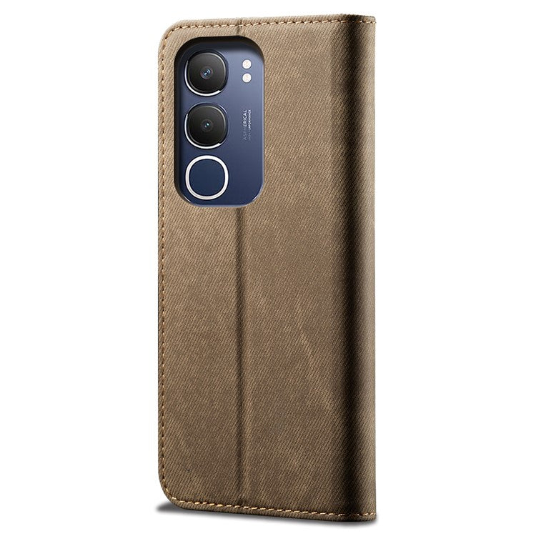 For vivo Y19s 4G Case Jeans Cloth Texture Anti-Scratch Leather Stand Phone Cover - Khaki