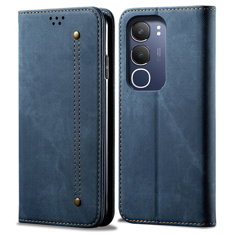 For vivo Y19s 4G Case Jeans Cloth Texture Anti-Scratch Leather Stand Phone Cover - Blue