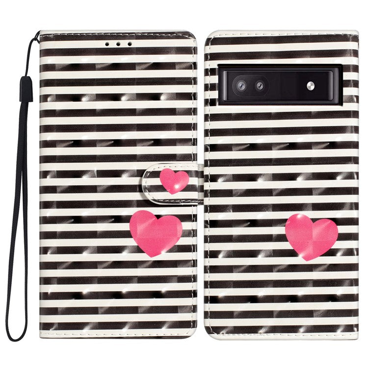 For Google Pixel 9a Case PU Leather Wallet Phone Cover 3D Pattern Printing - Stripes / Heart