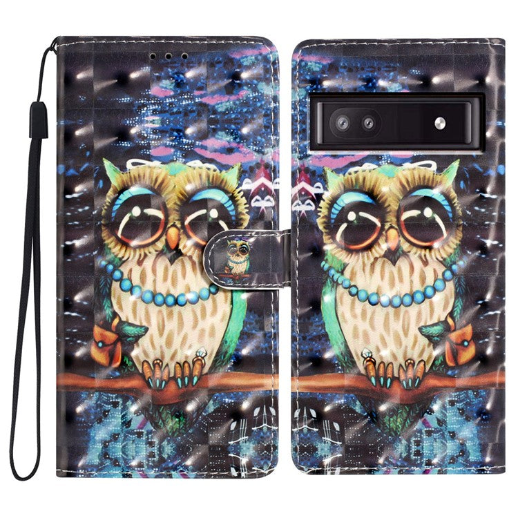 For Google Pixel 9a Case PU Leather Wallet Phone Cover 3D Pattern Printing - Owl