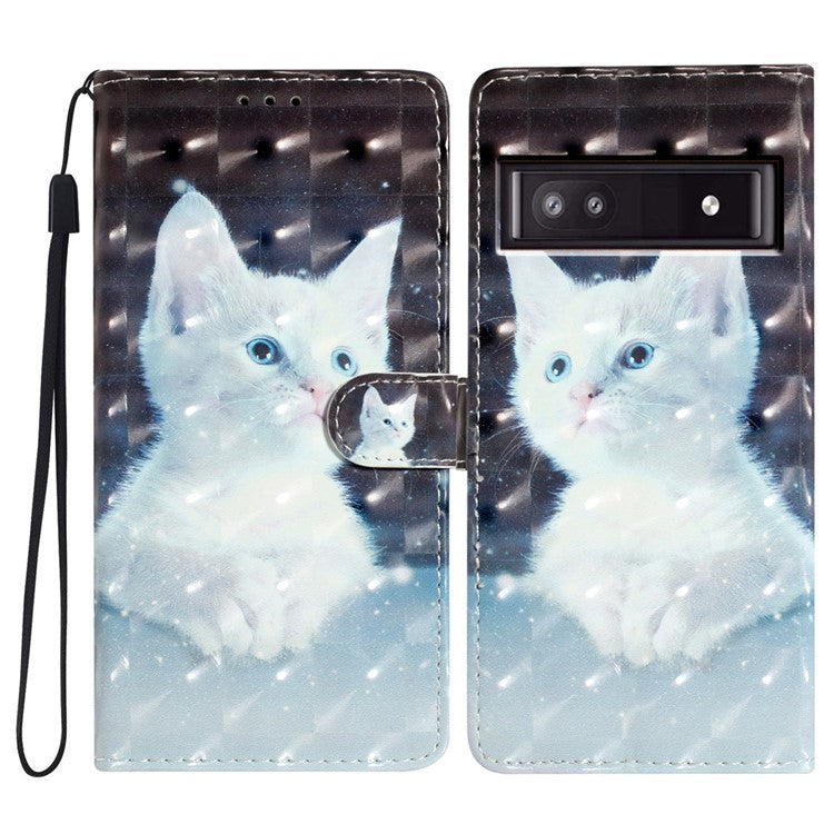 For Google Pixel 9a Case PU Leather Wallet Phone Cover 3D Pattern Printing - White Cat