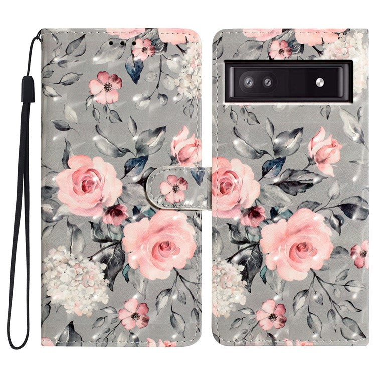 For Google Pixel 9a Case PU Leather Wallet Phone Cover 3D Pattern Printing - Flowers