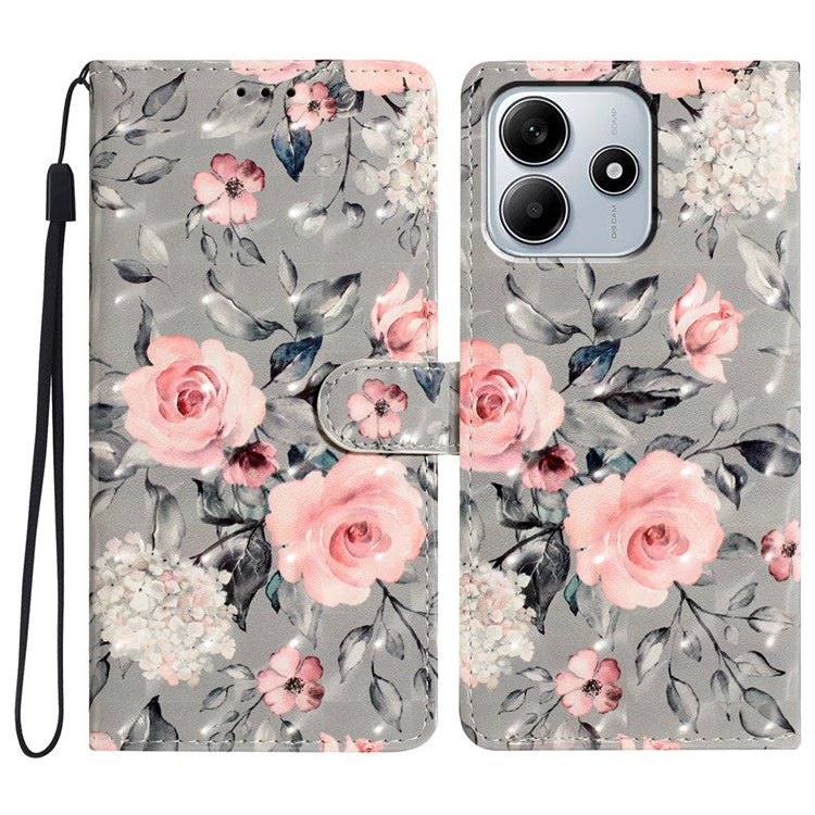 For Xiaomi Redmi Note 14 5G Case PU Leather Wallet Phone Cover 3D Pattern Printing - Flowers