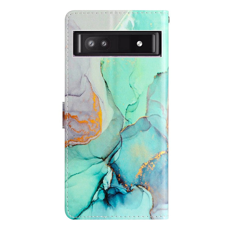 For Google Pixel 9a Wallet Case PU Leather Pattern Printing Stand Phone Cover with Strap - Green Marble