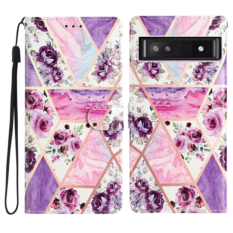 For Google Pixel 9a Wallet Case PU Leather Pattern Printing Stand Phone Cover with Strap - Purple Flowers