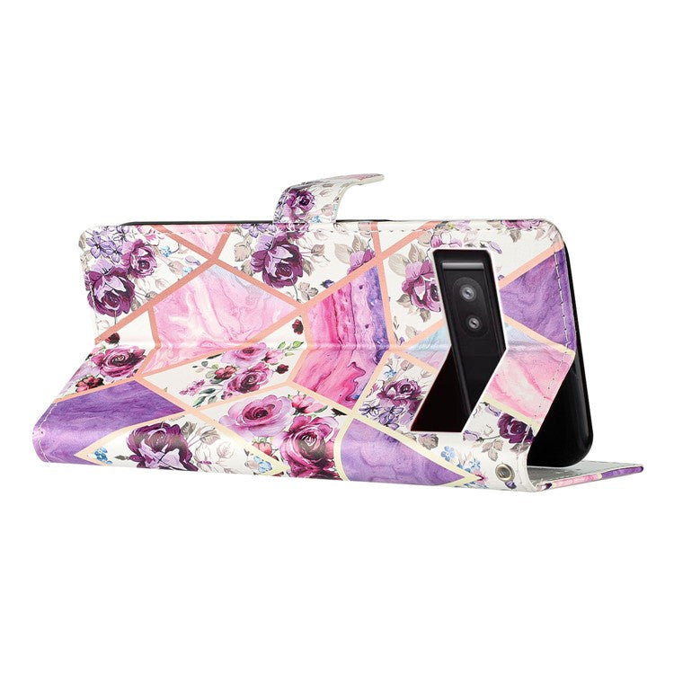 For Google Pixel 9a Wallet Case PU Leather Pattern Printing Stand Phone Cover with Strap - Purple Flowers