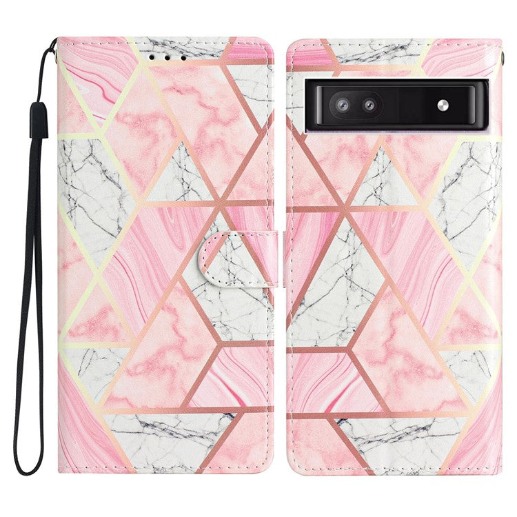 For Google Pixel 9a Wallet Case PU Leather Pattern Printing Stand Phone Cover with Strap - Pink Marble