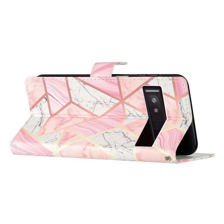 For Google Pixel 9a Wallet Case PU Leather Pattern Printing Stand Phone Cover with Strap - Pink Marble