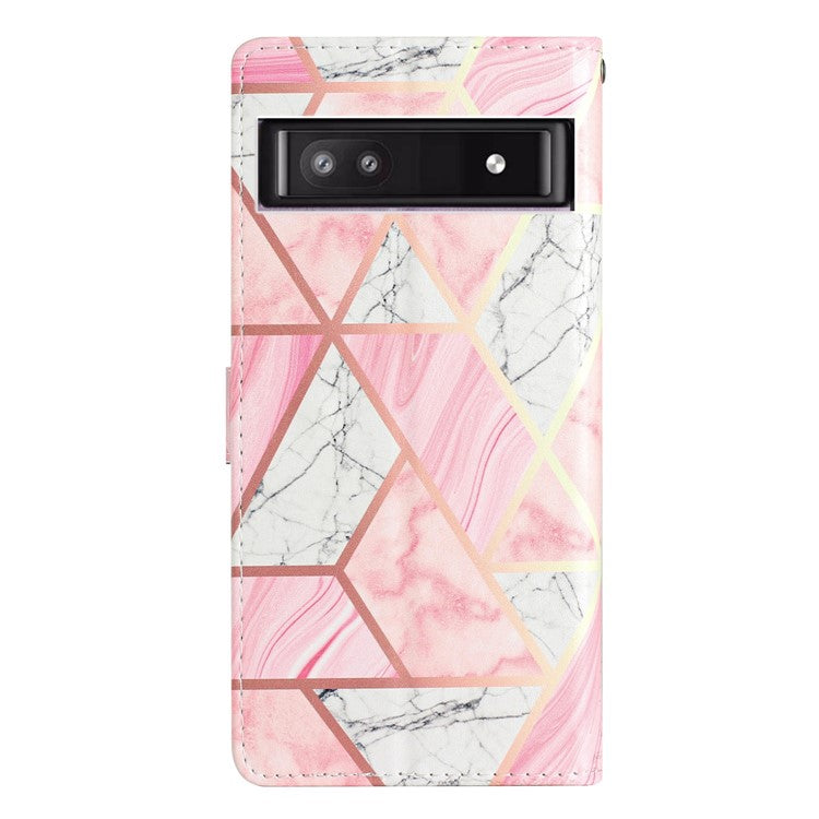 For Google Pixel 9a Wallet Case PU Leather Pattern Printing Stand Phone Cover with Strap - Pink Marble