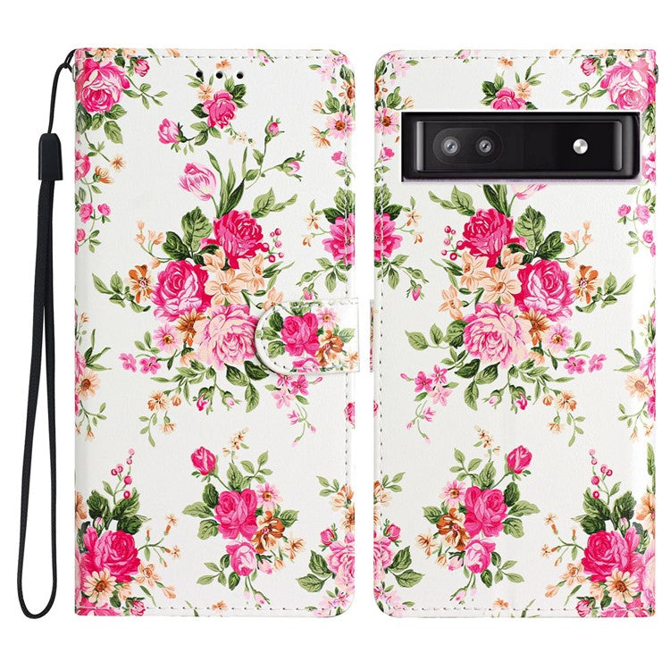 For Google Pixel 9a Wallet Case PU Leather Pattern Printing Stand Phone Cover with Strap - Red Flowers