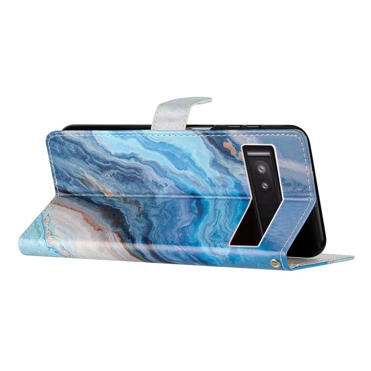 For Google Pixel 9a Wallet Case PU Leather Pattern Printing Stand Phone Cover with Strap - Blue Marble