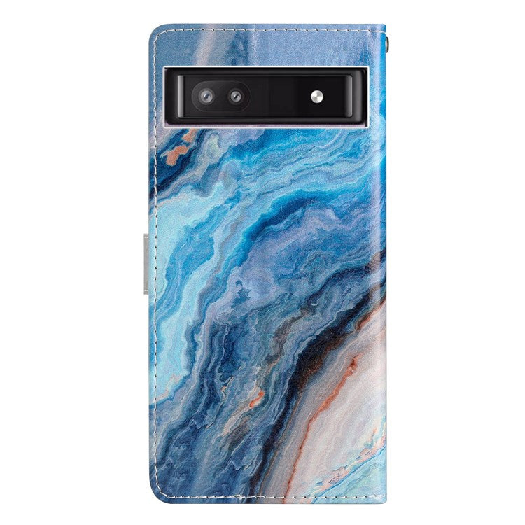 For Google Pixel 9a Wallet Case PU Leather Pattern Printing Stand Phone Cover with Strap - Blue Marble