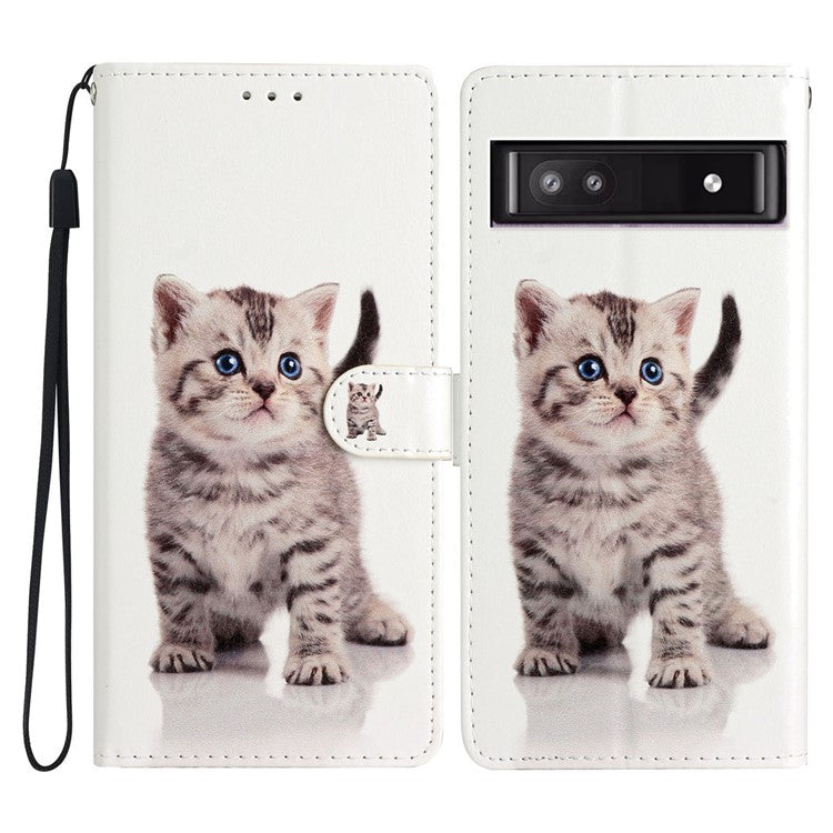 For Google Pixel 9a Wallet Case PU Leather Pattern Printing Stand Phone Cover with Strap - Cute Cat