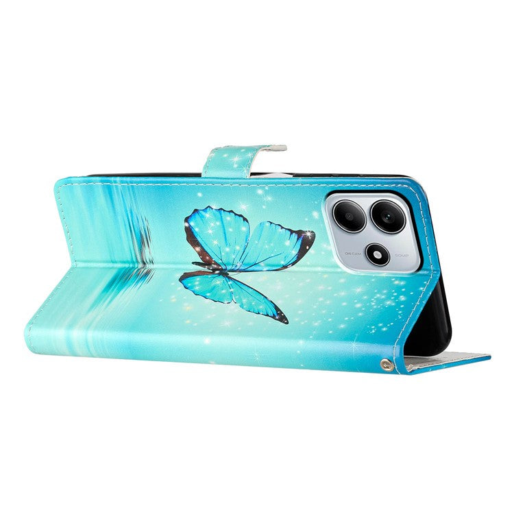 For Xiaomi Redmi Note 14 5G Wallet Case PU Leather Pattern Printing Stand Phone Cover with Strap - Blue Butterfly