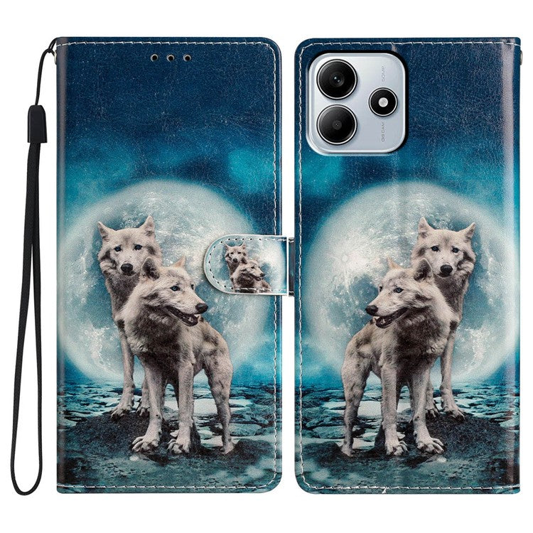 For Xiaomi Redmi Note 14 5G Wallet Case PU Leather Pattern Printing Stand Phone Cover with Strap - Two Wolves