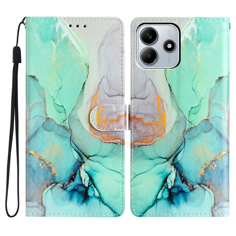 For Xiaomi Redmi Note 14 5G Wallet Case PU Leather Pattern Printing Stand Phone Cover with Strap - Green Marble