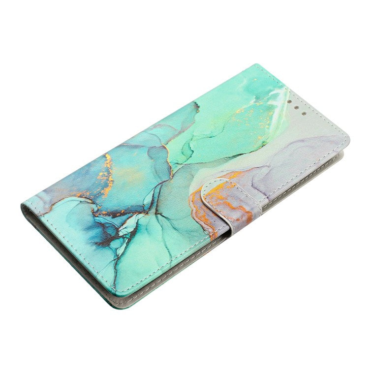 For Xiaomi Redmi Note 14 5G Wallet Case PU Leather Pattern Printing Stand Phone Cover with Strap - Green Marble