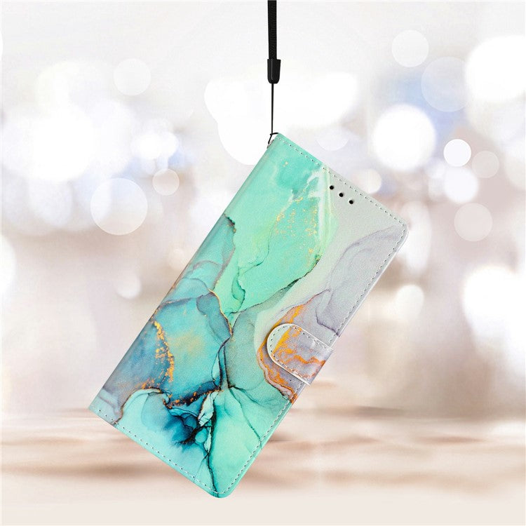 For Xiaomi Redmi Note 14 5G Wallet Case PU Leather Pattern Printing Stand Phone Cover with Strap - Green Marble