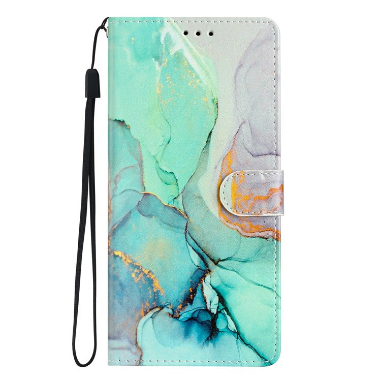 For Xiaomi Redmi Note 14 5G Wallet Case PU Leather Pattern Printing Stand Phone Cover with Strap - Green Marble