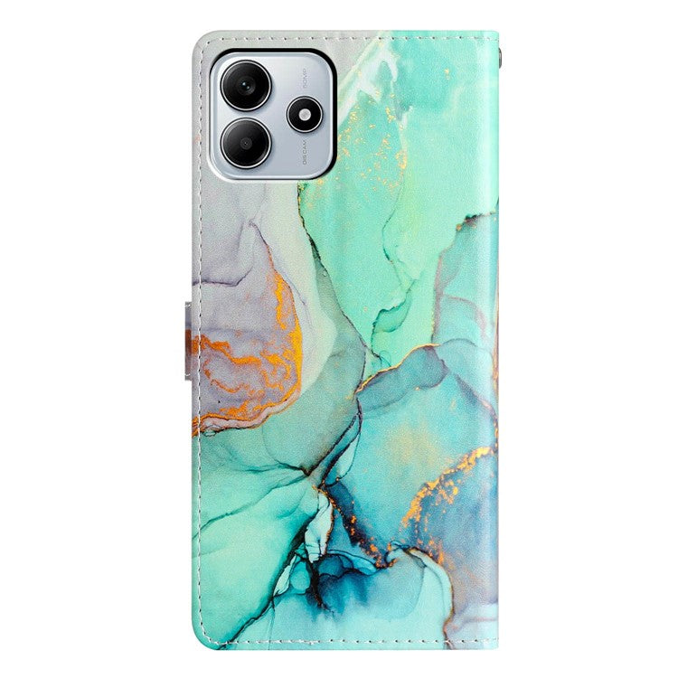 For Xiaomi Redmi Note 14 5G Wallet Case PU Leather Pattern Printing Stand Phone Cover with Strap - Green Marble