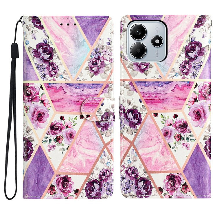 For Xiaomi Redmi Note 14 5G Wallet Case PU Leather Pattern Printing Stand Phone Cover with Strap - Purple Flowers