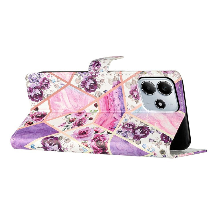 For Xiaomi Redmi Note 14 5G Wallet Case PU Leather Pattern Printing Stand Phone Cover with Strap - Purple Flowers