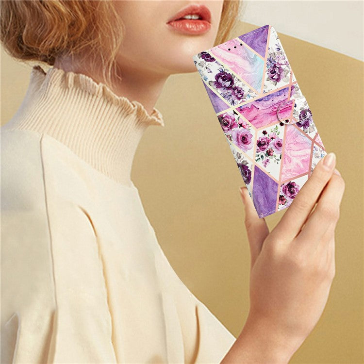 For Xiaomi Redmi Note 14 5G Wallet Case PU Leather Pattern Printing Stand Phone Cover with Strap - Purple Flowers