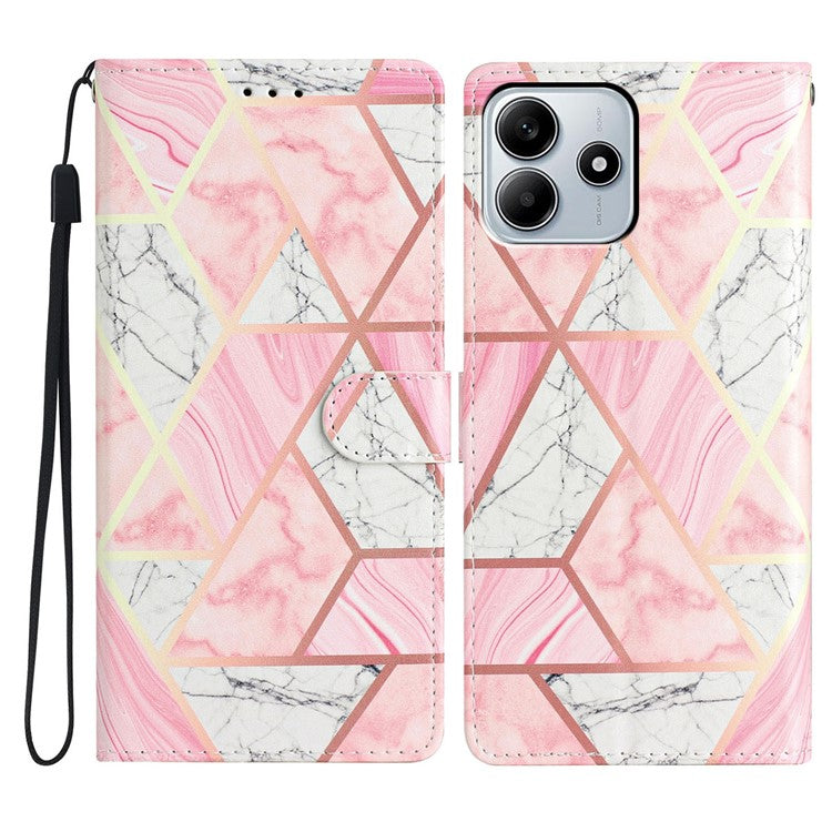 For Xiaomi Redmi Note 14 5G Wallet Case PU Leather Pattern Printing Stand Phone Cover with Strap - Pink Marble