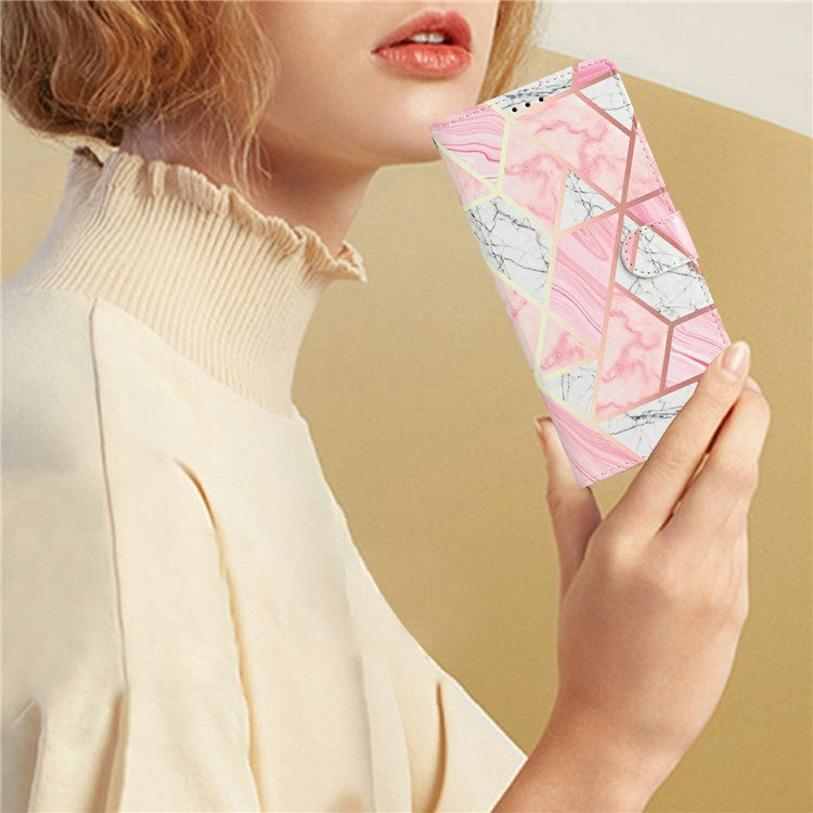 For Xiaomi Redmi Note 14 5G Wallet Case PU Leather Pattern Printing Stand Phone Cover with Strap - Pink Marble