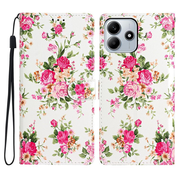 For Xiaomi Redmi Note 14 5G Wallet Case PU Leather Pattern Printing Stand Phone Cover with Strap - Red Flowers