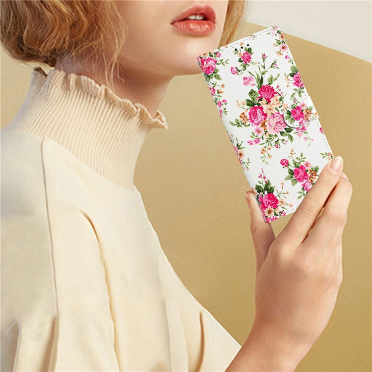 For Xiaomi Redmi Note 14 5G Wallet Case PU Leather Pattern Printing Stand Phone Cover with Strap - Red Flowers