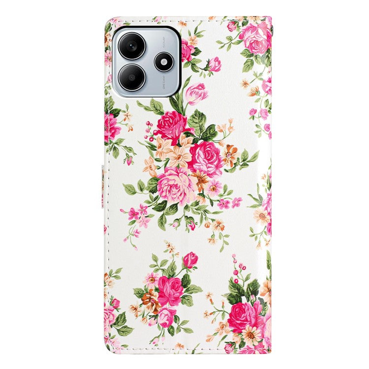 For Xiaomi Redmi Note 14 5G Wallet Case PU Leather Pattern Printing Stand Phone Cover with Strap - Red Flowers