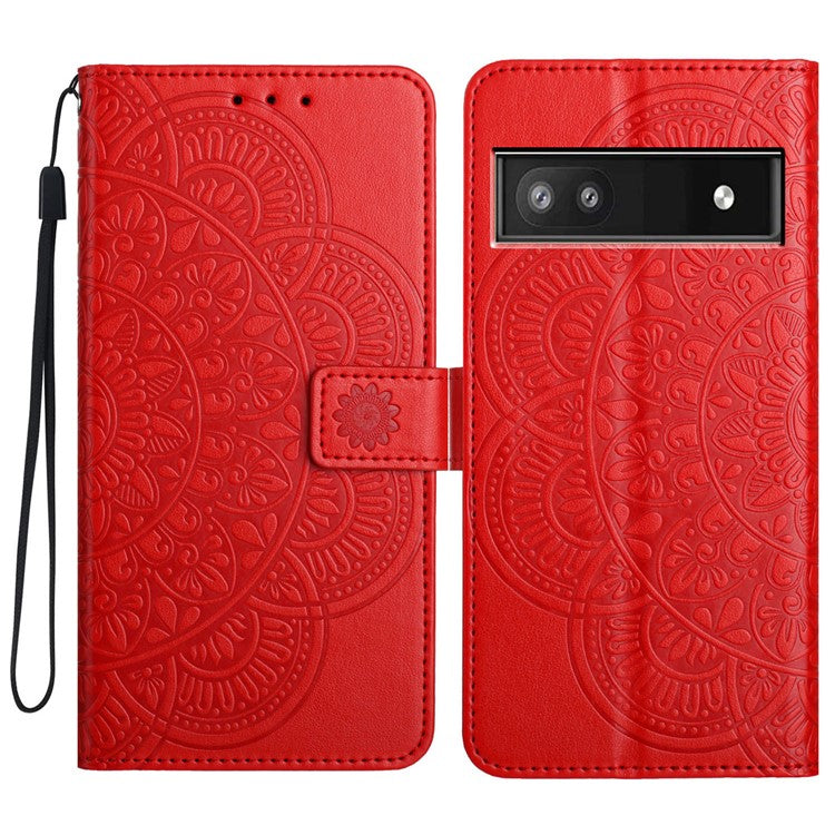 For Google Pixel 9a Leather Case with Card Slots Mandala Pattern Phone Cover Stand - Red