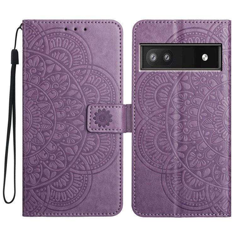 For Google Pixel 9a Leather Case with Card Slots Mandala Pattern Phone Cover Stand - Purple