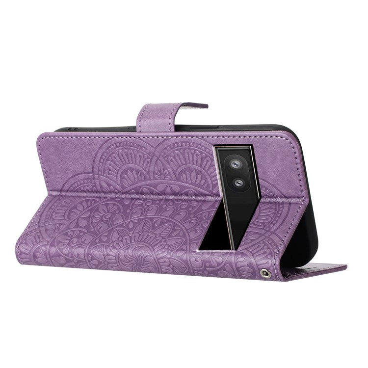 For Google Pixel 9a Leather Case with Card Slots Mandala Pattern Phone Cover Stand - Purple